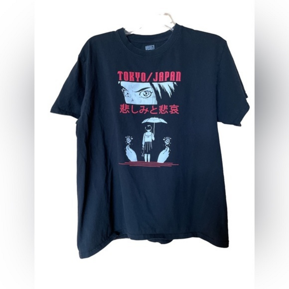 Brisco Brands Men’s Tokyo Japan Sad Umbrella Girl Anime Manga Black Tee Large